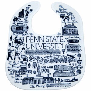baby bib with Julia Gash illustrated navy and gray Penn State University scenes and phrases